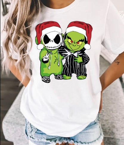 Jack and Green Guy Santa Hats T Shirt