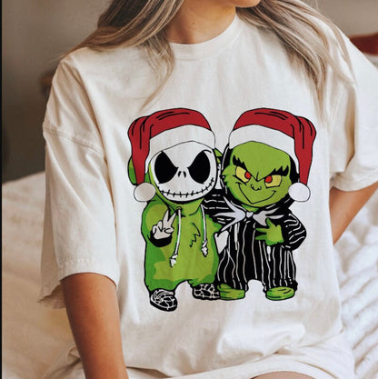 Jack and Green Guy Santa Hats T Shirt