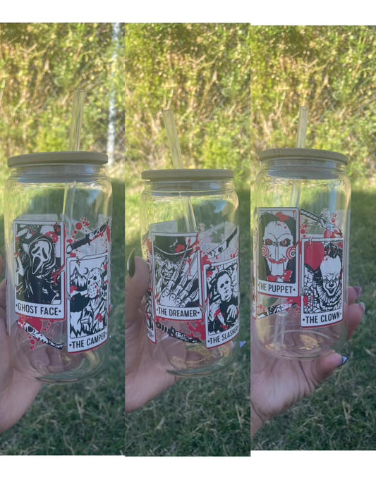 Horror Mugshot Stitch 16oz Glass Cups With Top and Straw