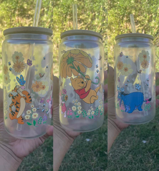 Pooh and Friends 16oz Glass Cups With Top and Straw