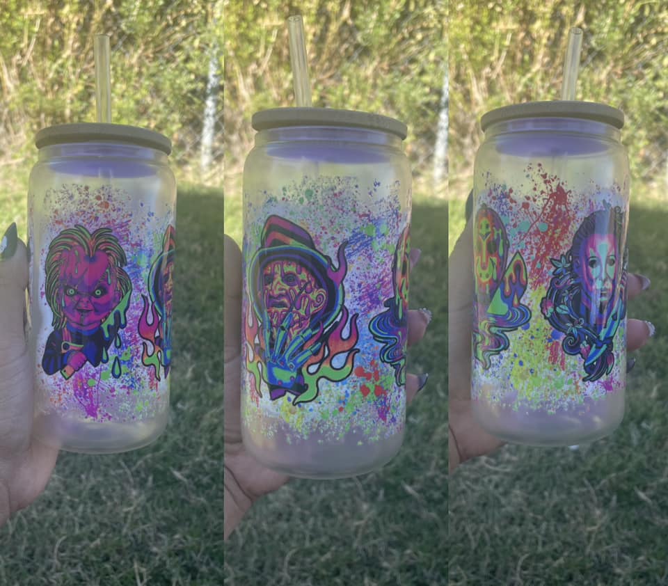 Horror Killers Splatter 16oz Glass Cups With Top and Straw